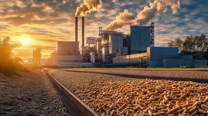 Industrial biomass facility with wood pellet production and smokestacks