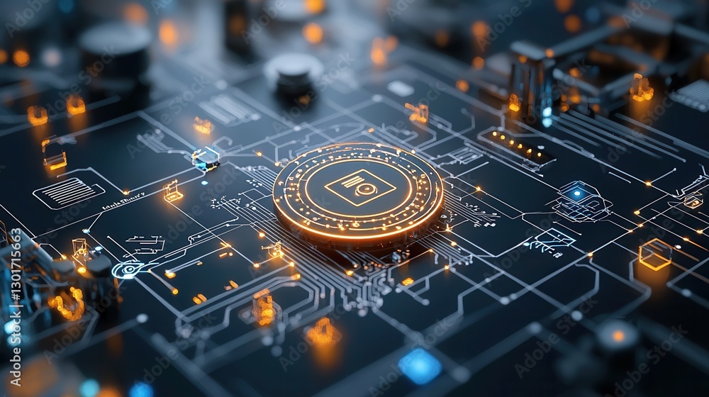 Poster futuristic glowing high tech circuit board with intelligence and cryptocurrency blockchain concept d