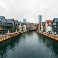 Naklejka premium Trondheim Canal View: Historic Buildings & Urban Waterway - Norwegian Cityscape & Travel