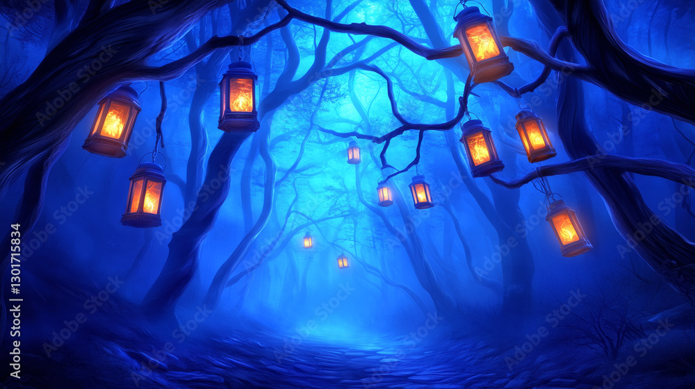 Poster glowing lanterns hang from the branches, casting a warm light into the thick fog of the forest. the 