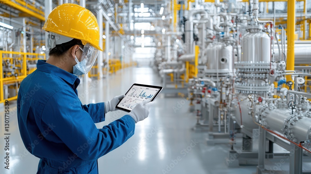 Poster high tech refinery worker monitoring pipeline flow and data on digital tablet in modern industrial f