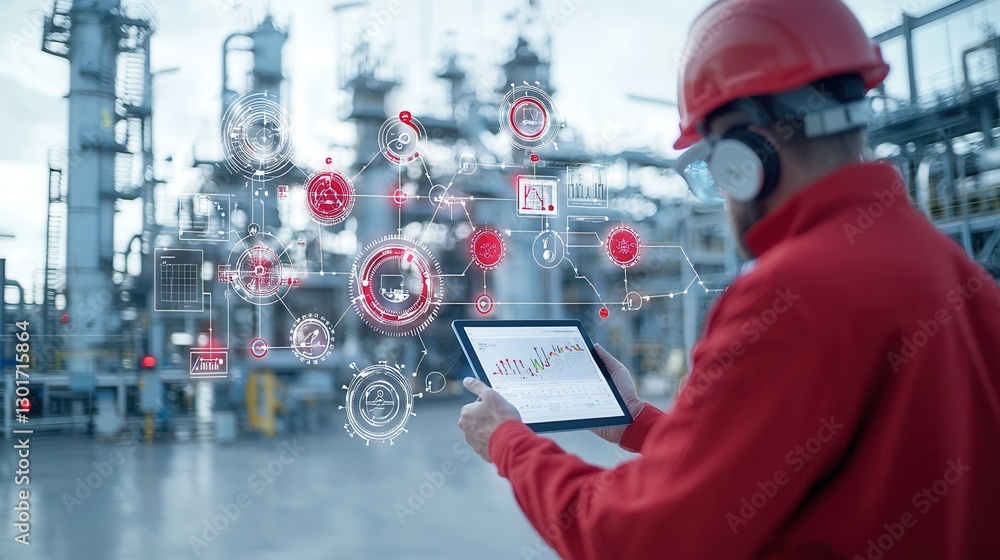 Poster high tech refinery worker monitoring the flow of oil and gas pipelines using a digital control panel