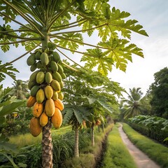  papaya tree many hanging ripe papaya in garden.ai generative