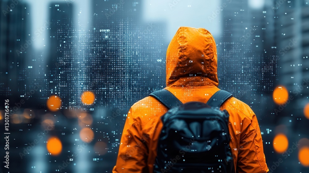 Poster hooded figure in an immersive neon lit environment surrounded by a backdrop of digital data technolo