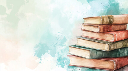 Watercolor Stack of Vintage Books, Artistic Book Illustration, Reading Corner