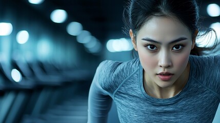 Focused young woman in gym, intense workout.