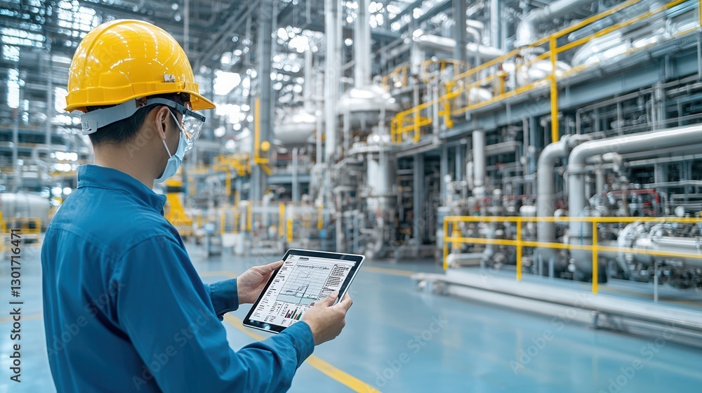 Poster industrial engineer monitoring and analyzing fuel processing data on digital interface at manufactur