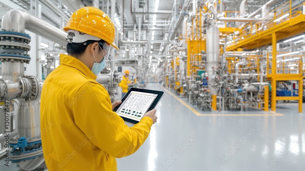 Poster focused industrial engineer examining fuel processing data and metrics on digital tablet device to e