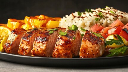 Delicious grilled salmon with rice and vegetables restaurant dining food photography cozy ambiance close-up culinary delight