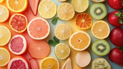 Assorted fresh citrus and berries on colorful background