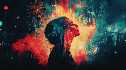 Silhouetted female amidst vibrant fireworks and abstract colors