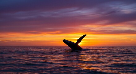Naklejka premium Whale tail silhouetted against a vibrant sunset over calm ocean waters creating a serene and majestic atmosphere