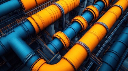 Industrial pipeline system with blue and orange insulation and structural details
