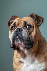 Obraz premium Bullmastiff dog on minimalistic colorful background with Copy Space. Perfect for banners, veterinary ads, pet food promotions, and minimalist designs.