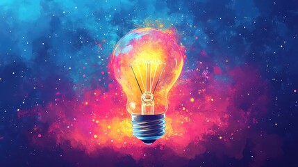 Illuminated light bulb surrounded by vibrant colorful nebula in starry sky