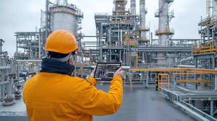 Fototapeta premium Experienced industrial operator in safety uniform standing in front of a massive petrochemical refinery plant closely examining the equipment and monitoring the ongoing and production process