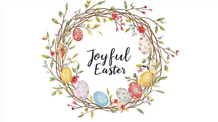 Joyful Easter Postcard with Wreath of Branches and Easter Decorations on White Background