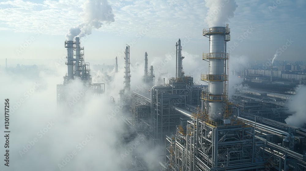 Poster aerial panoramic view of a vast industrial refinery complex with a sprawling network of pipelines to