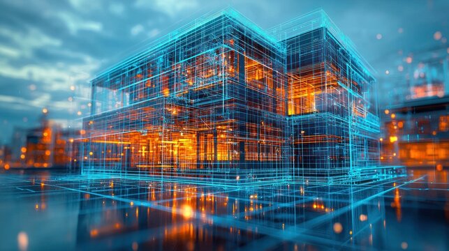 Modern building wireframe design at dusk in a cityscape for architectural visualization