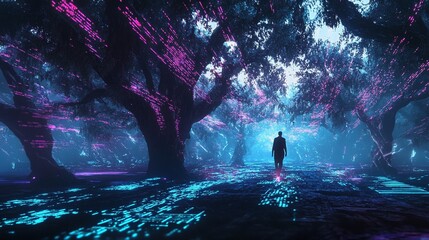 Fototapeta premium Explore the Enigmatic Cybernetic Forest: Where Digital Code Meets Nature in a Surreal Fusion of Time and Technology, Unveiling Holographic Wonders and Mystical Atmospheres
