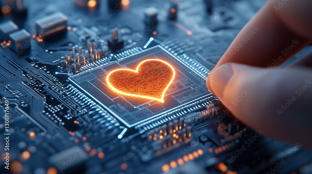 Poster a hand delicately gestures over a circuit board featuring a glowing heart symbol, symbolizing the fu