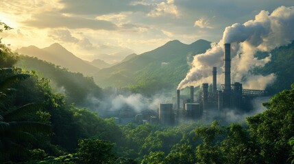 Fototapeta premium Industrial factory emitting smoke amidst lush green mountain landscape at sunset
