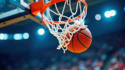 Fototapeta premium Basketball passes through hoop during exciting game moment