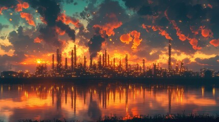 Vibrant sunset over industrial landscape with reflective water and dramatic cloudscape