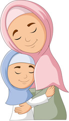 Cartoon illustration of a Muslim mother hugging her daughter
