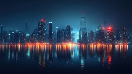 Fototapeta premium Vibrant night skyline over water with city lights reflections