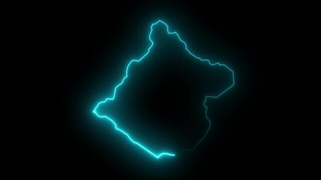 Map of Tacna in Peru with glowing neon effect on cyan color on black background.