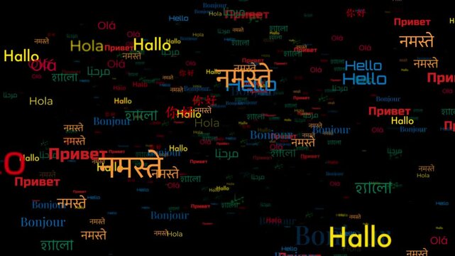 The word "Hello" appears in 16 of the world's most spoken languages, dynamically flying through 3D space, scene opener or background animation, multicultural, global communication, concepts, ideas, 4k