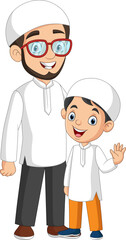 Illustration of cartoon Muslim father and son