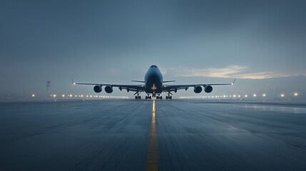 Large commercial aircraft with symmetrically displayed jet engines taking off from an airport runway at night under a cloudy sky
