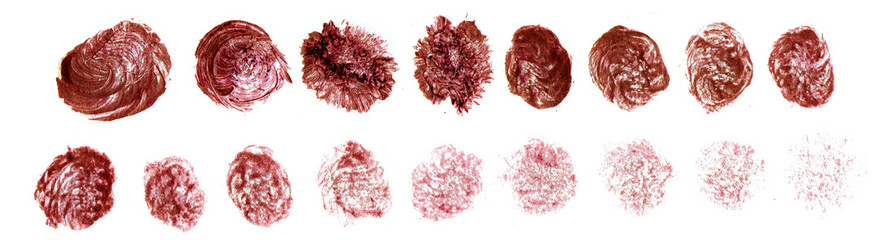 A series of circular brush strokes in various sizes and shades of brown, each depicting different types or shapes of cancer cells. 