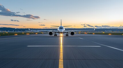 Low angle shot of a commercial passenger airline aircraft on the runway against a scenic sunset sky with clouds