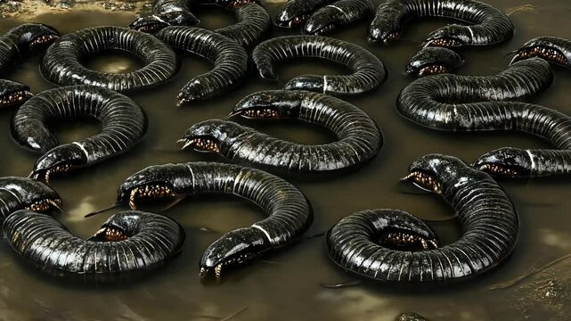 Dozens of large, dark eels slithering in muddy water during early morning