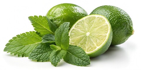 Fresh limes and mint leaves, isolated on white background
