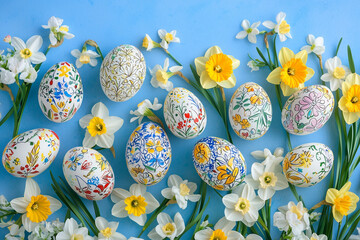 Easter Eggs and Spring Flowers on a Blue Background