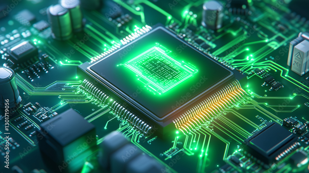 Poster a detailed look at a green-lit microchip on a computer motherboard, surrounded by various electronic