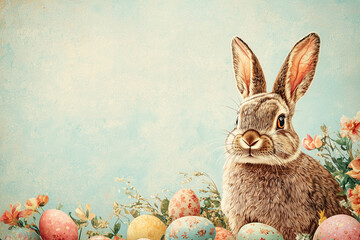 Easter Bunny Sitting on Grass Among Easter Eggs &ndash; Space for Text