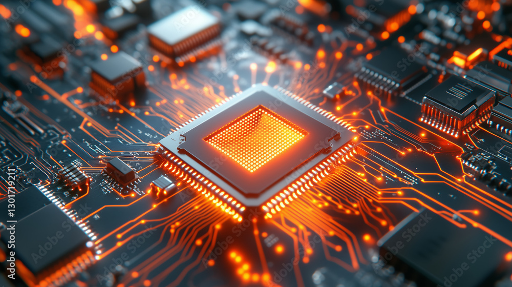 Poster close-up view of a circuit board illuminated by orange lights, highlighting a central microprocessor