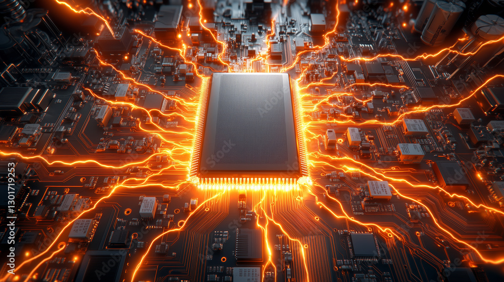 Poster a circuit board features a central processor that emits bright orange light while electrical energy 