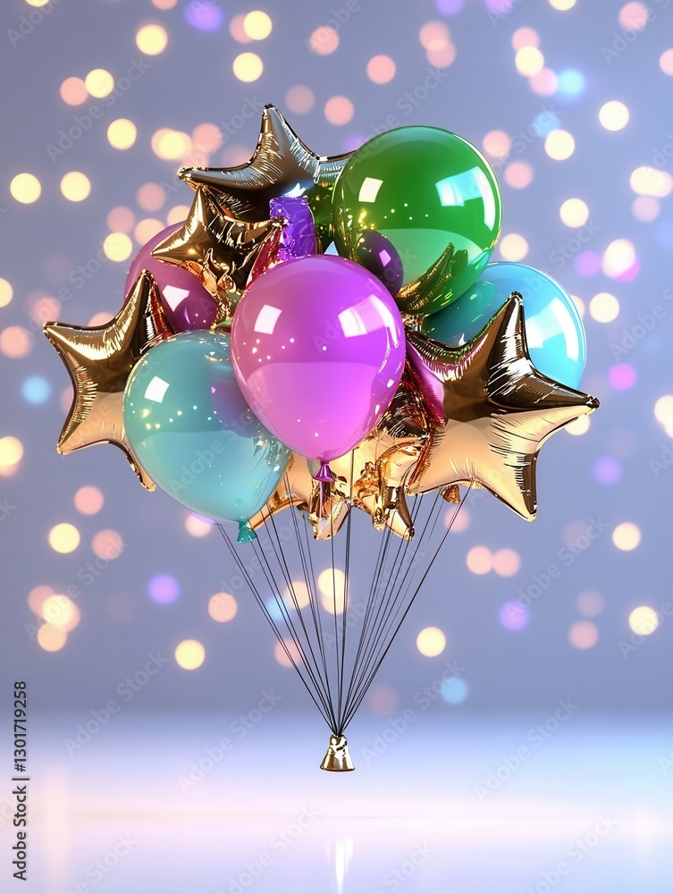 Poster lustrous star shaped balloons in a dynamic 3d rendered scene floating and showcasing a vibrant color