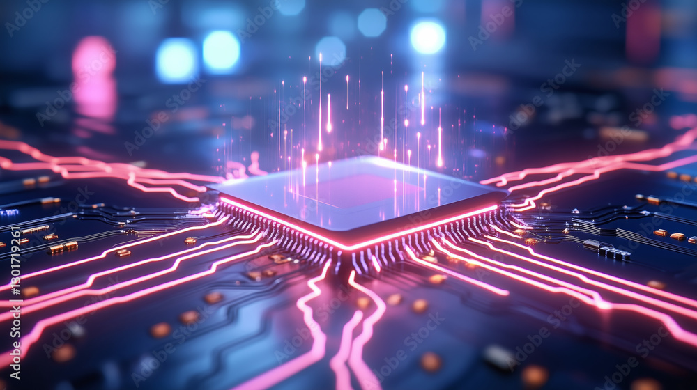 Poster a computer chip is positioned at the center of an intricate circuit board, with vibrant pink and pur