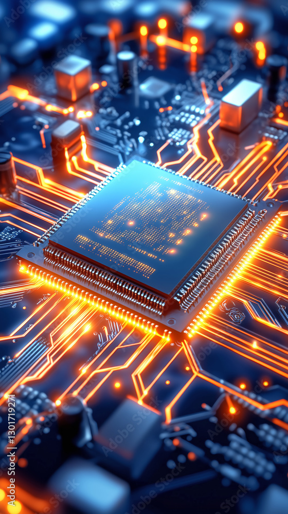 Poster focus on a microprocessor surrounded by intricate circuit board pathways glowing with orange light. 