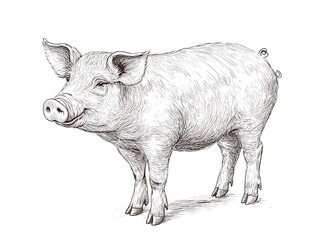 Detailed pen and ink drawing of a standing domestic pig