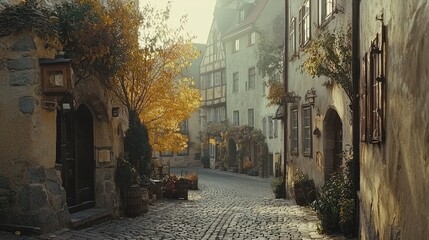Obraz premium Cobblestone street in a historic European town on an autumn morning.