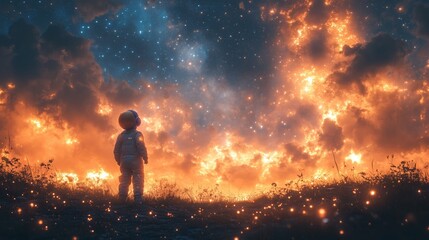 A joyful child in an astronaut suit gazes up at a starry sky