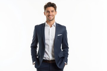 Half-Length (Waist-Up) portrait of young stylish smiling Andorran male model in formal wear isolated on pure white background looking at camera